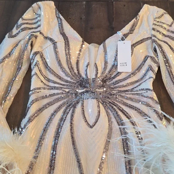 Gray and Cream Backless Embellished Gown with Bishop Sleeves - Picture 12 of 14